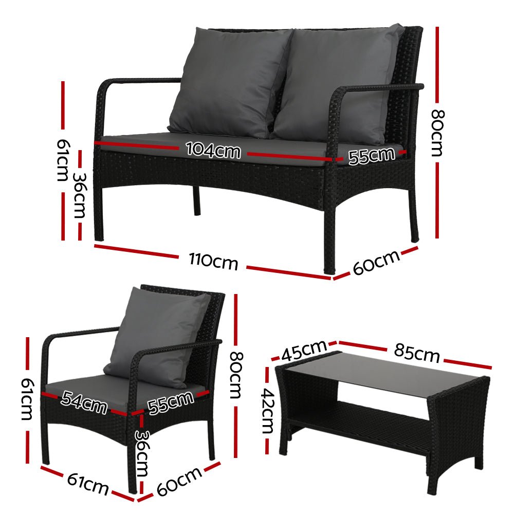 Outdoor Lounge Setting | 4 Piece Sofa Set | Table with Shelf | Gardeon Brand | Black