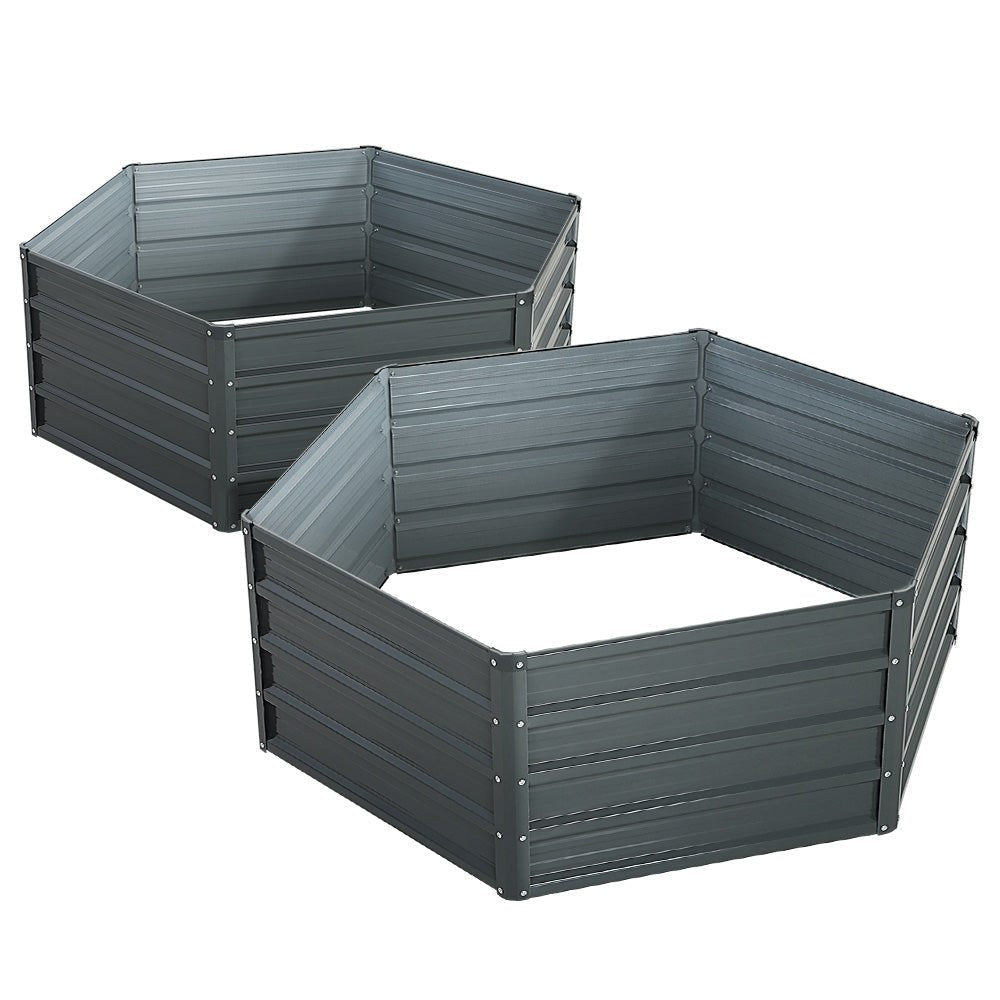 Garden Bed | 2x Hexagonal Raised Container Planter Box | 130x130x46cm | Galvanised Steel | Grey