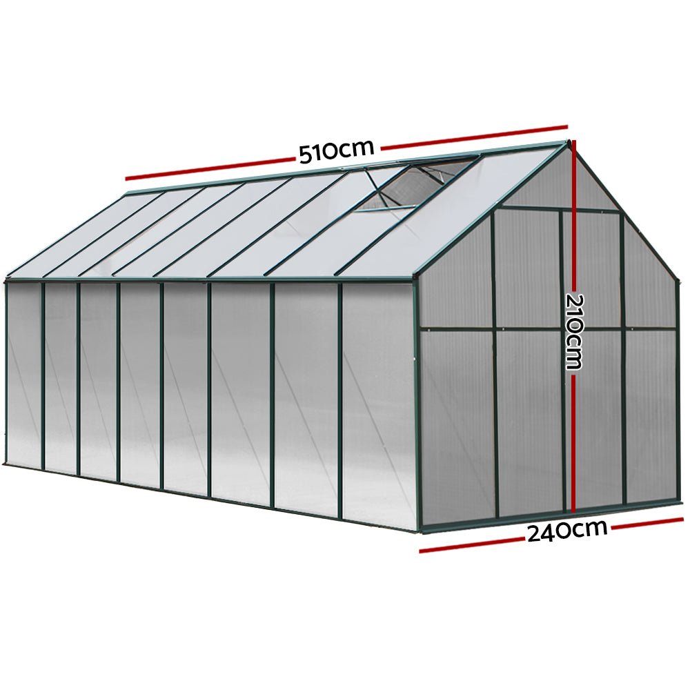 Greenhouse | Aluminium Polycarbonate Green House | Double Doors Large | Greenfingers | 5.1x2.44M | Green