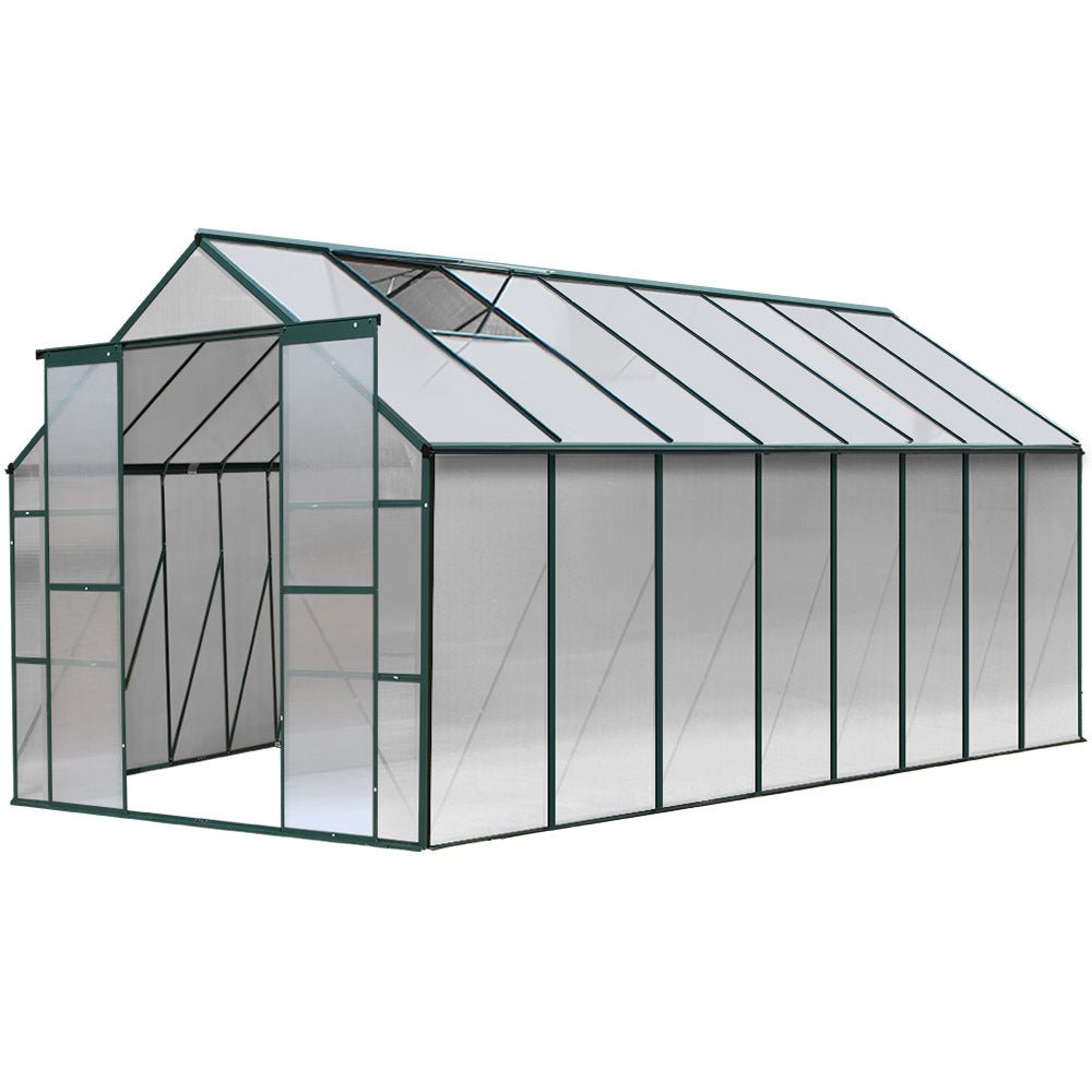 Greenhouse | Aluminium Polycarbonate Green House | Double Doors Large | Greenfingers | 5.1x2.44M | Green