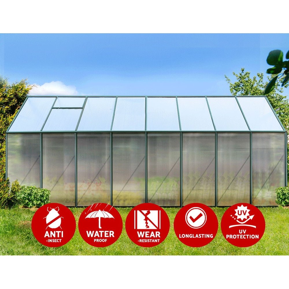 Greenhouse | Aluminium Polycarbonate Green House | Double Doors Large | Greenfingers | 5.1x2.44M | Green