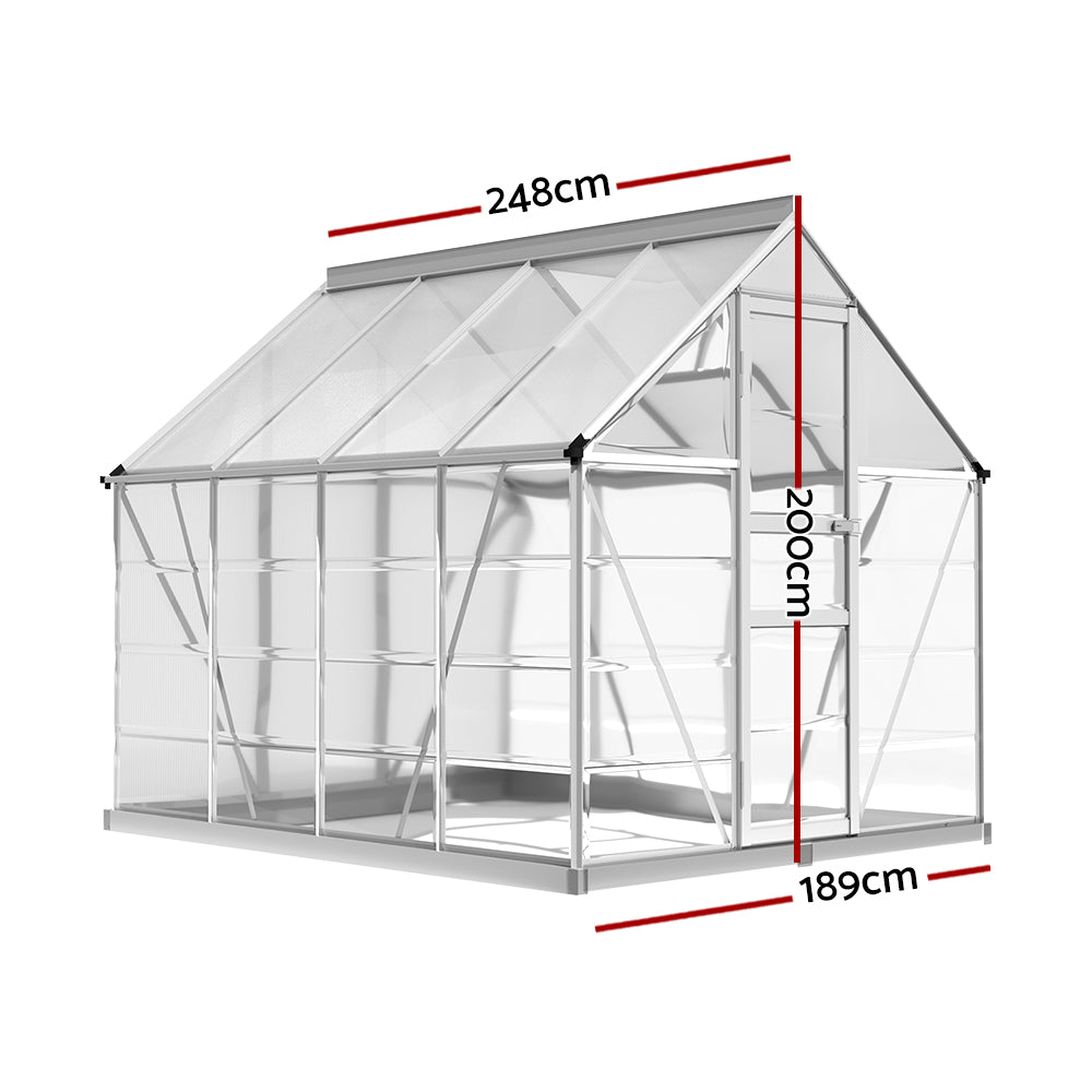 Greenhouse | Aluminium Polycarbonate Green House Garden Shed | Greenfingers | 2.48x1.89M | Silver