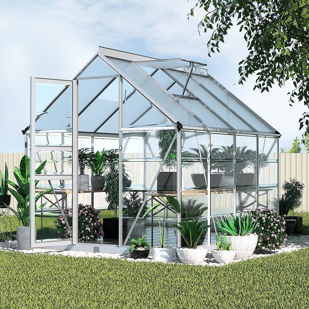 Greenhouse | Aluminium Polycarbonate Green House Garden Shed | Greenfingers | 2.48x1.89M | Silver