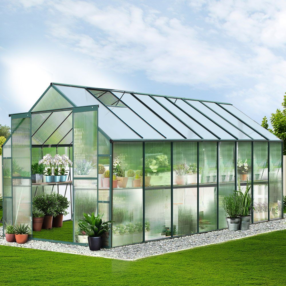 Greenhouse | Aluminium Polycarbonate Green House | Double Doors Large | Greenfingers | 5.1x2.44M | Green