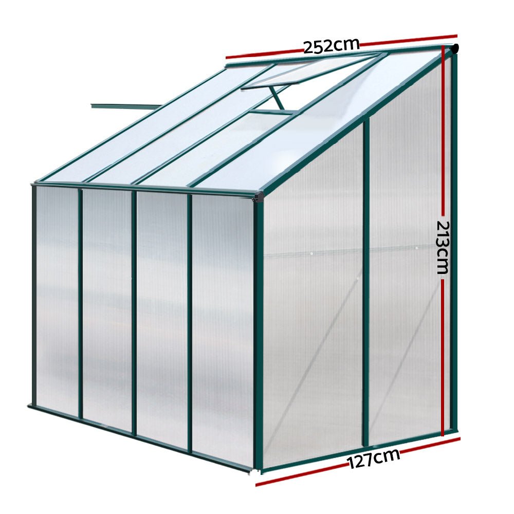 Greenhouse | Aluminium Polycarbonate Lean-to Green House | Greenfingers | 2.52x1.27M | Green