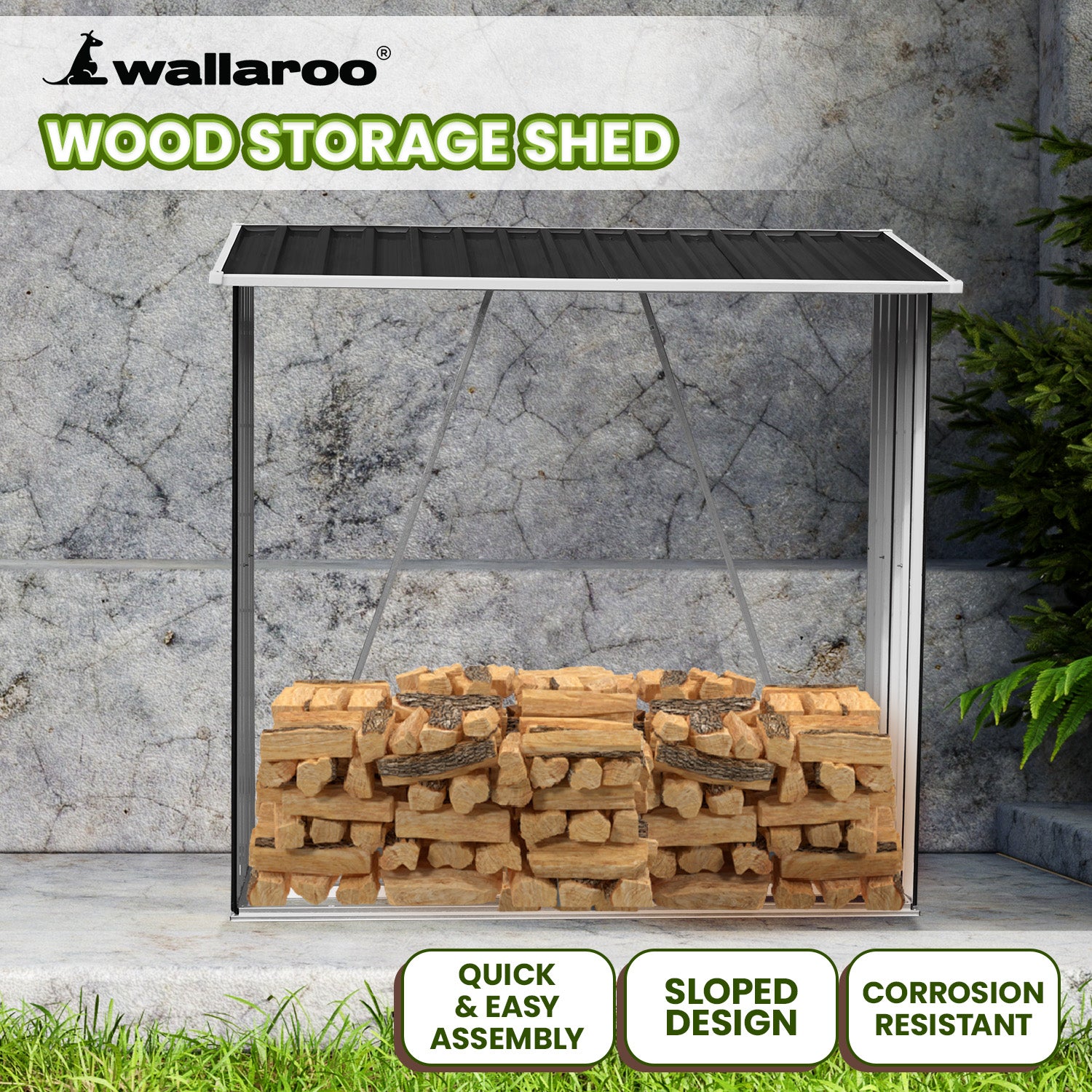 Log Store Wallaroo Firewood Storage Shed Galvanized Steel - Black