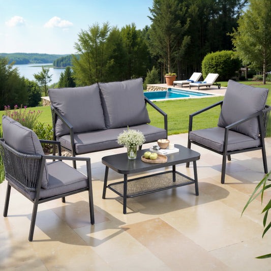 Outdoor Sofa Lounge Set | Contemporary Rope Design | Black & Grey