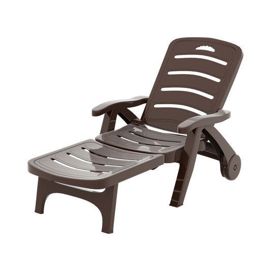 Sun Lounge Recliner Chair Folding Chaise Lounge Wheels Outdoor Brown