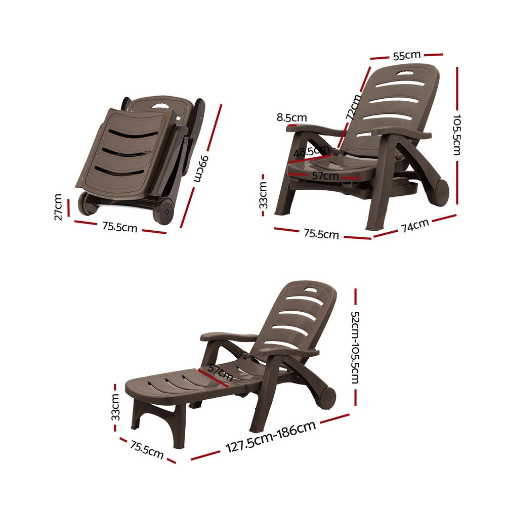 Sun Lounge Recliner Chair Folding Chaise Lounge Wheels Outdoor Brown