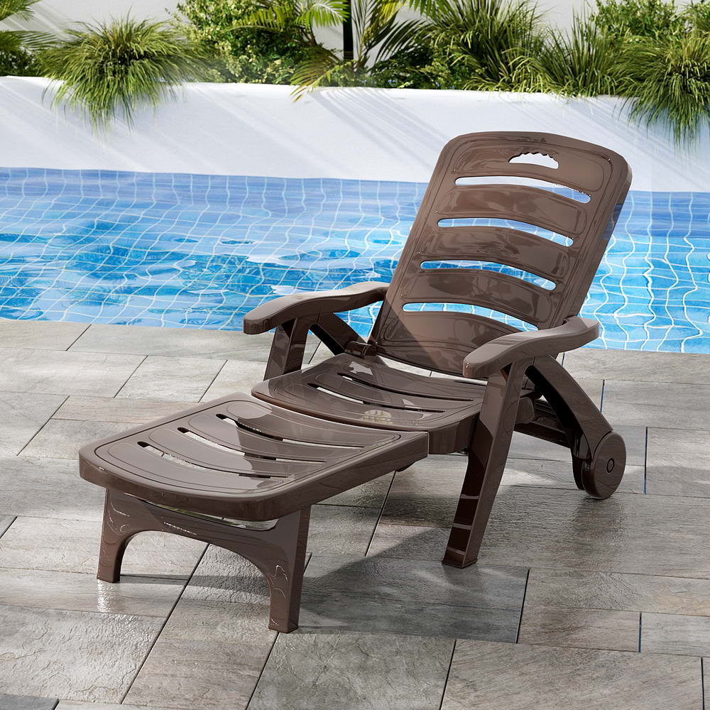 Sun Lounge Recliner Chair Folding Chaise Lounge Wheels Outdoor Brown