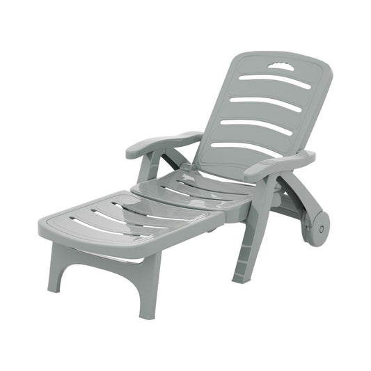 Sun Lounge Recliner Chair Folding Chaise Lounge Wheels Outdoor Grey