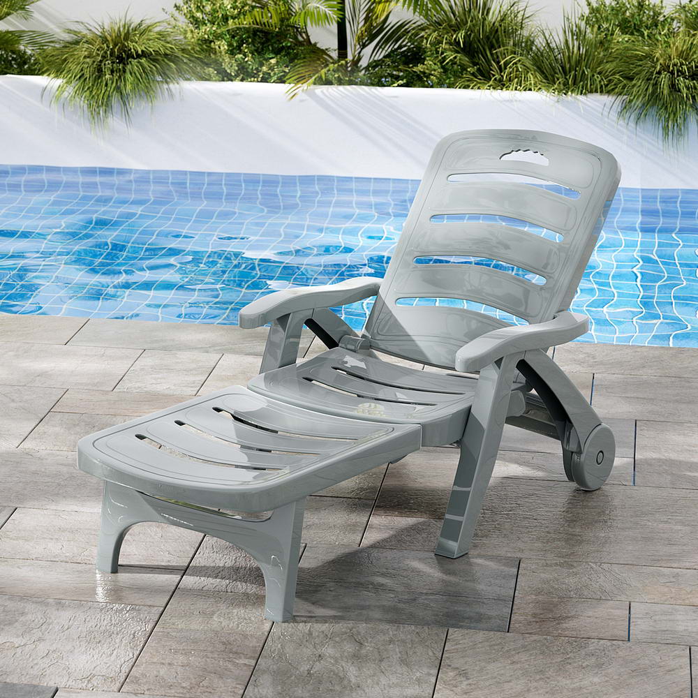 Sun Lounge Recliner Chair Folding Chaise Lounge Wheels Outdoor Grey