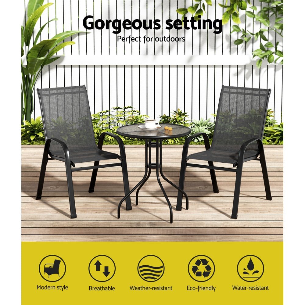 Outdoor Bistro Set | 2x Waterproof Stackable Outdoor Chairs plus Bistro Table | Black