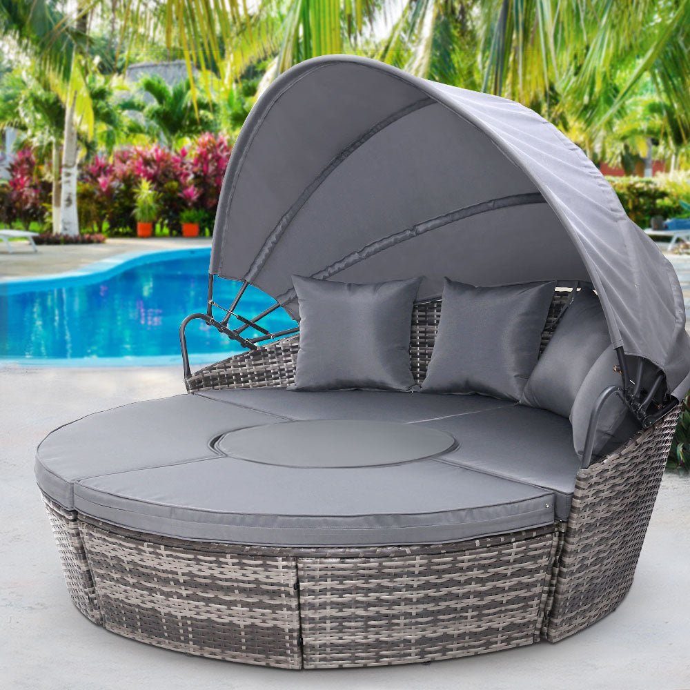 Outdoor Daybed Rattan 4-Piece Day Bed Set Grey