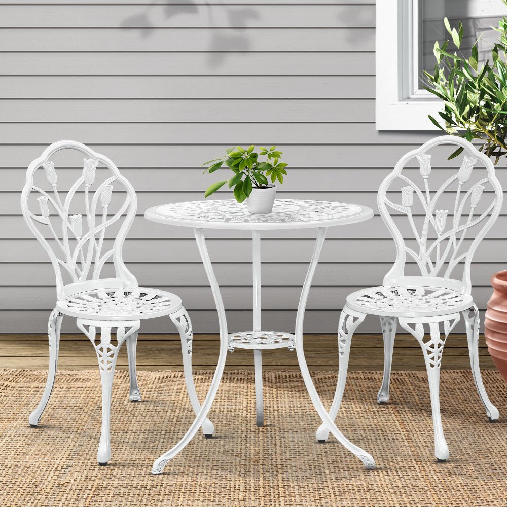 Outdoor Dining Setting for 2 | Bistro Set | Cast Aluminium | Tulip Design | White