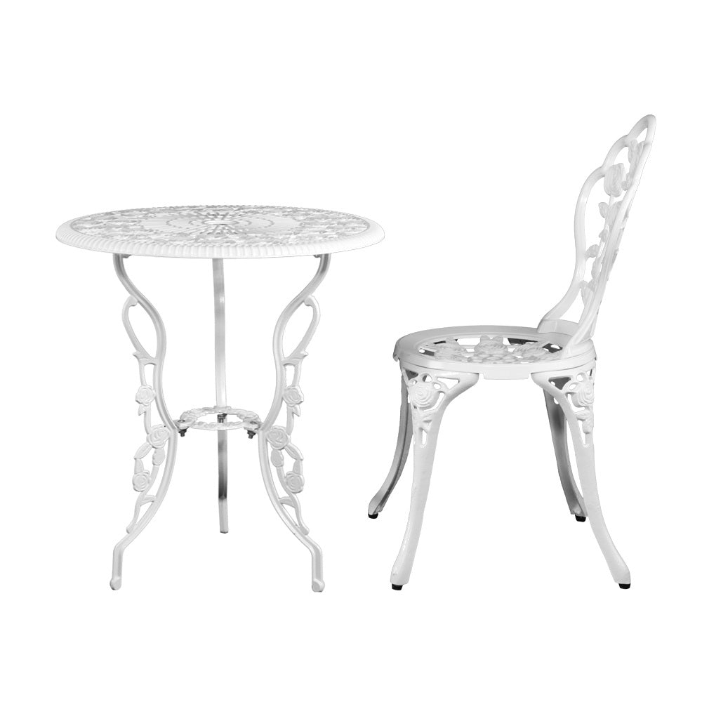 Outdoor Dining Setting for 2 | Bistro Set | Cast Aluminium | Rose Design | White
