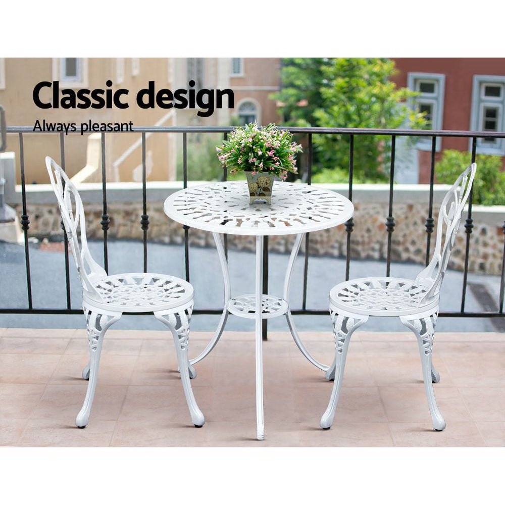 Outdoor Dining Setting for 2 | Bistro Set | Cast Aluminium | Tulip Design | White