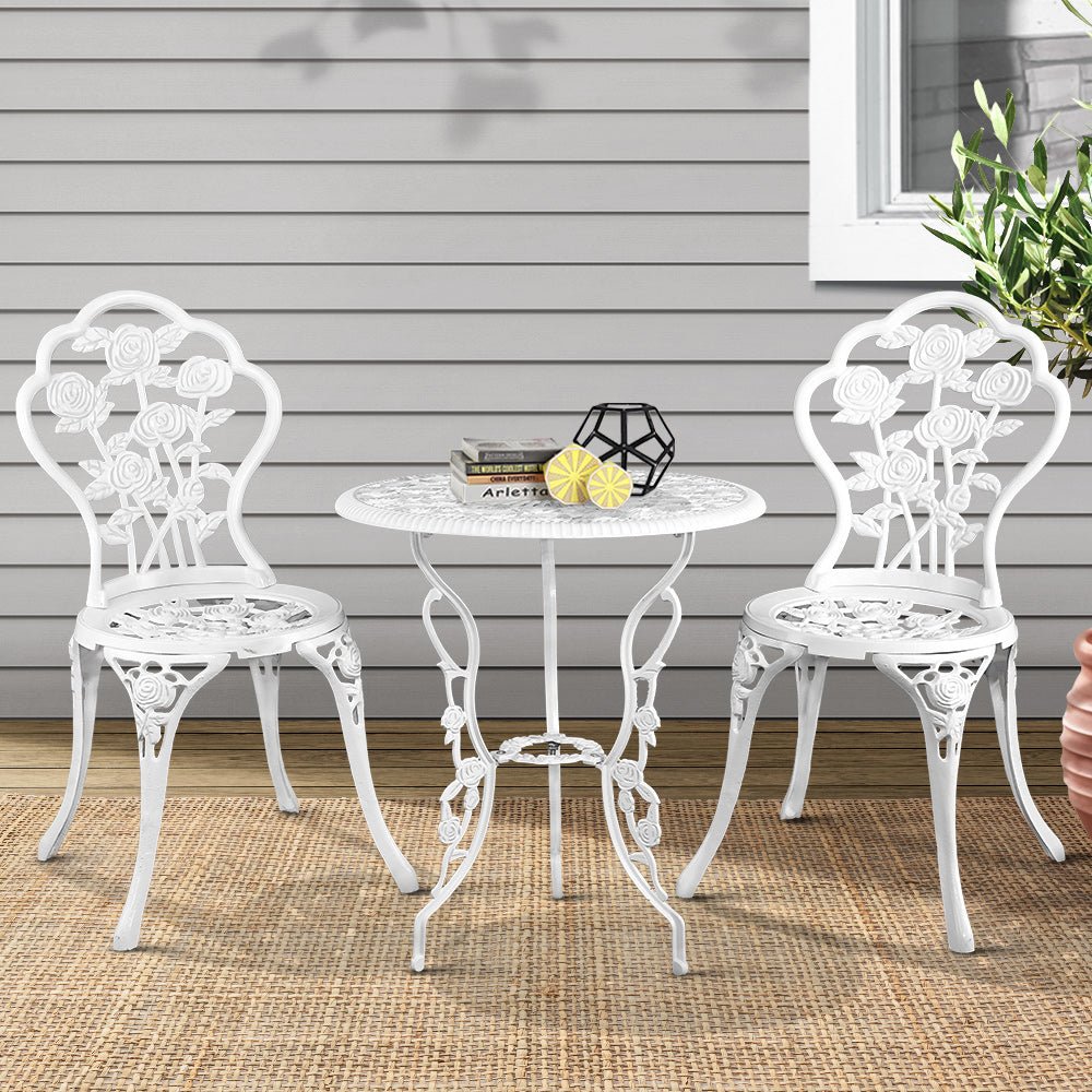 Outdoor Dining Setting for 2 | Bistro Set | Cast Aluminium | Rose Design | White