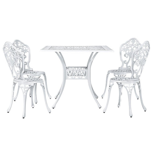 Outdoor Dining Setting for 4 | Bistro Set with Square Outdoor Table | Cast Aluminium | White
