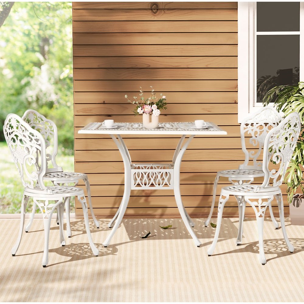 Outdoor Dining Setting for 4 | Bistro Set with Square Outdoor Table | Cast Aluminium | White