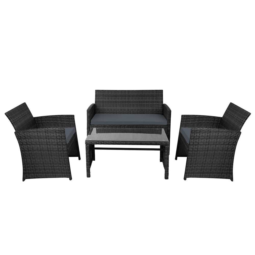 Outdoor Lounge Setting | 4 Piece Rattan Sofa Set with Storage Cover | Gardeon Brand | Black