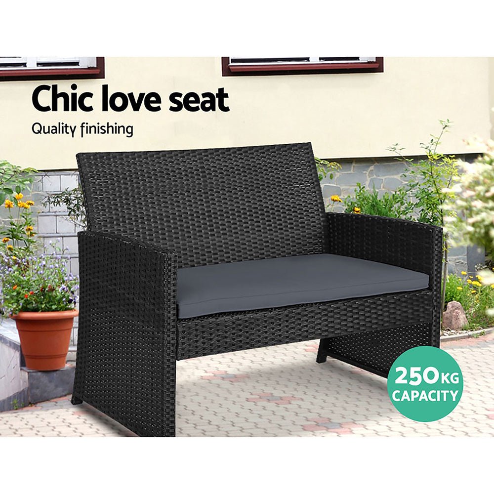 Outdoor Lounge Setting | 4 Piece Rattan Sofa Set with Storage Cover | Gardeon Brand | Black