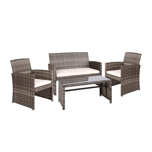 Outdoor Lounge Setting | 4 Piece Rattan Sofa Set with Storage Cover | Gardeon Brand | Grey