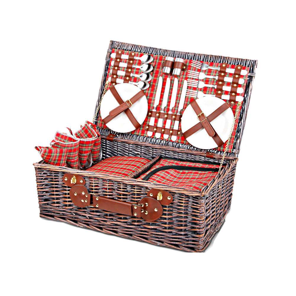 Picnic Basket Set with Cooler Bag Alfresco 4 Person Wicker - Red