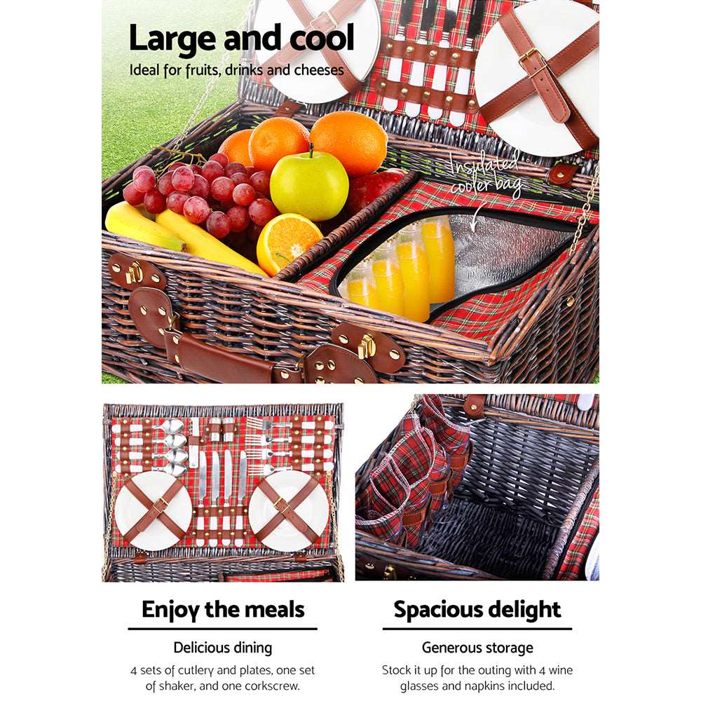 Picnic Basket Set with Cooler Bag Alfresco 4 Person Wicker - Red