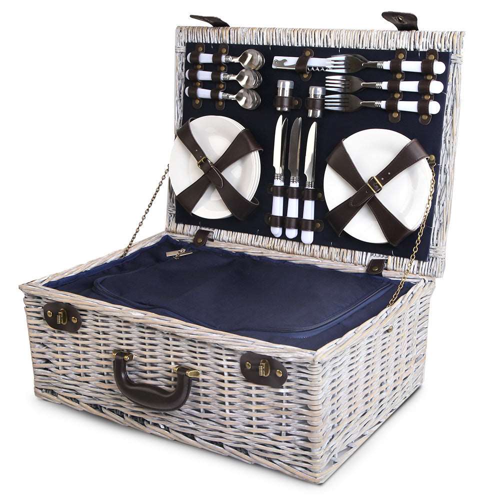 Picnic Basket Set with Cooler Bag Alfresco 6 Person Wicker - Navy Blue