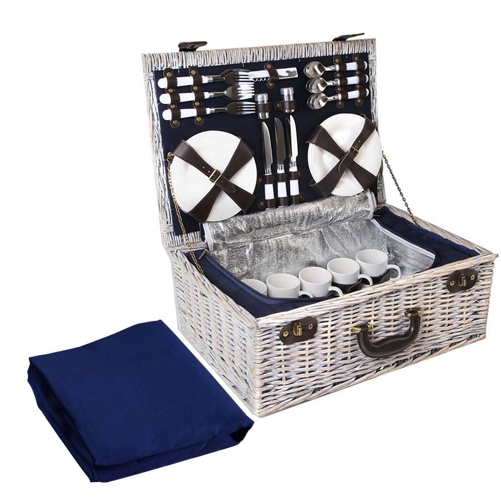 Picnic Basket Set with Cooler Bag Alfresco 6 Person Wicker - Navy Blue