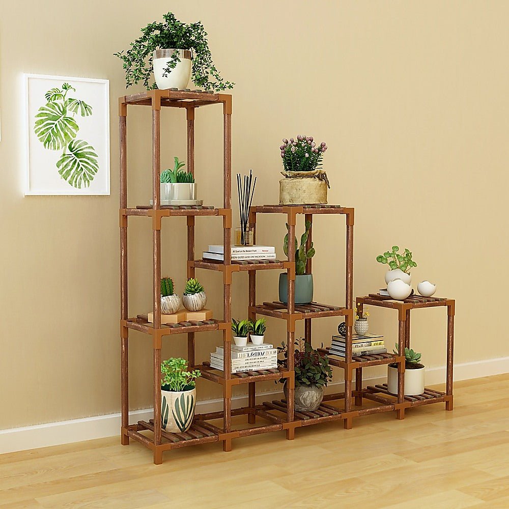 Plant Stand | 12 Shelf | Bamboo and Plastic Flower Pot Display | 115cm | Natural