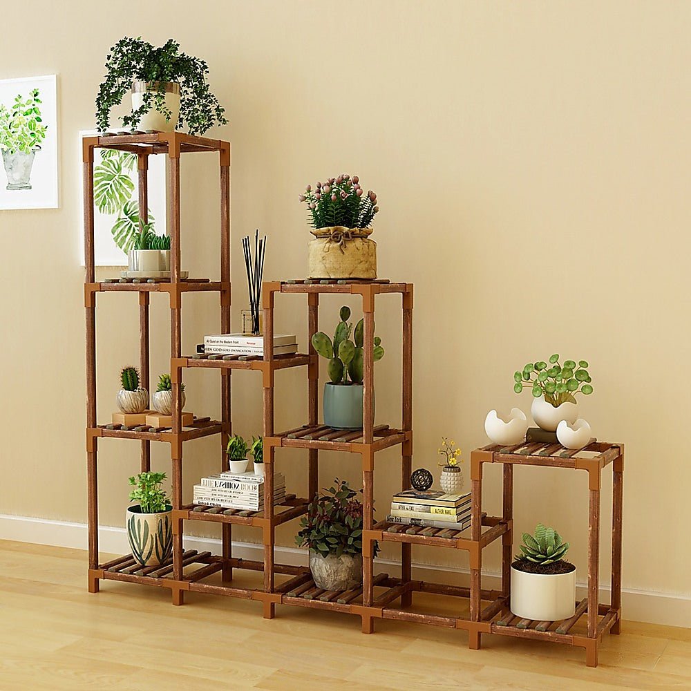 Plant Stand | 12 Shelf | Bamboo and Plastic Flower Pot Display | 115cm | Natural