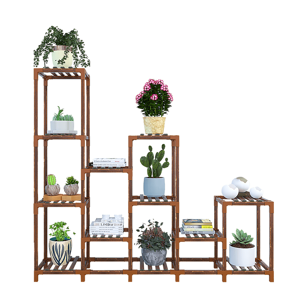 Plant Stand | 12 Shelf | Bamboo and Plastic Flower Pot Display | 115cm | Natural