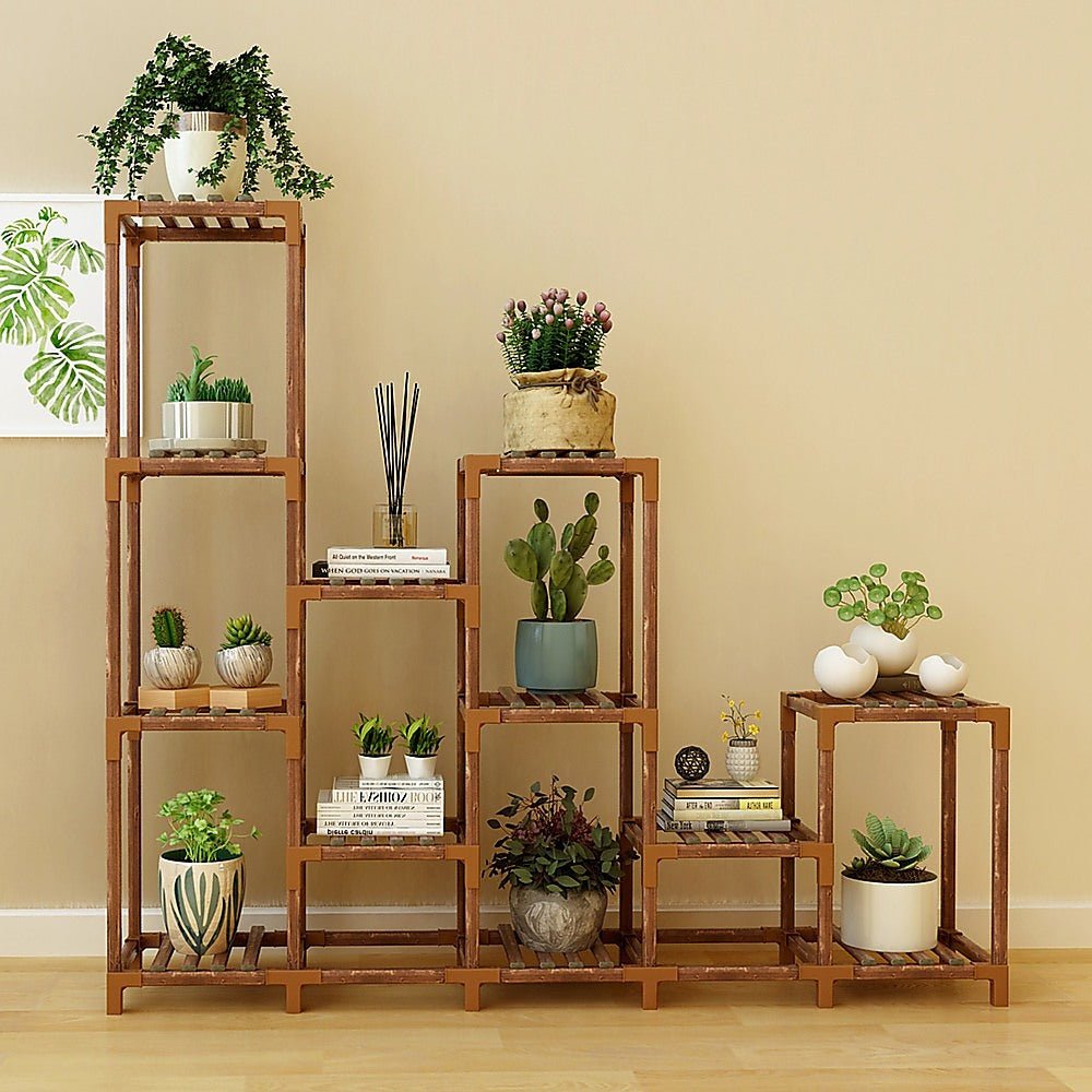 Plant Stand | 12 Shelf | Bamboo and Plastic Flower Pot Display | 115cm | Natural