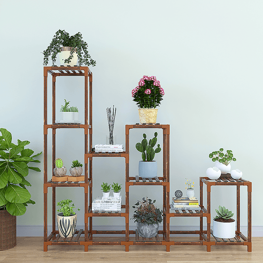 Plant Stand | 12 Shelf | Bamboo and Plastic Flower Pot Display | 115cm | Natural