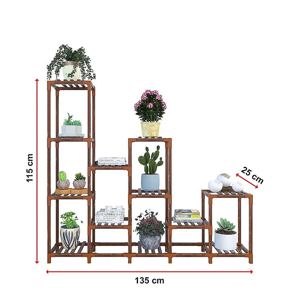 Plant Stand | 12 Shelf | Bamboo and Plastic Flower Pot Display | 115cm | Natural