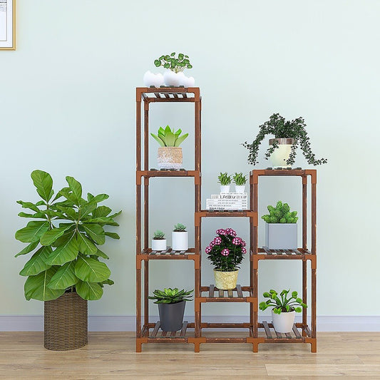 Plant Stand | 9 Shelf | Bamboo and Plastic Flower Pot Display | 115cm | Natural