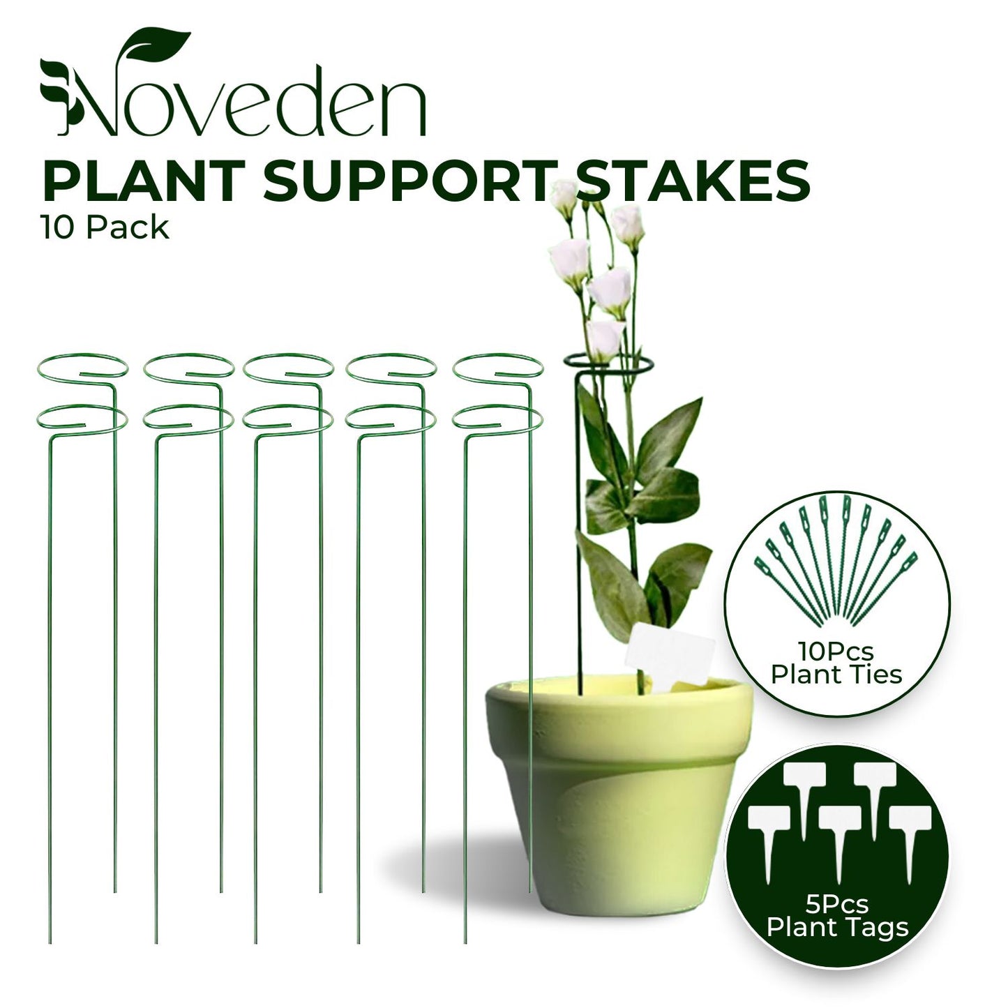 Plant Support Stakes 10pcs Flower Stake Single Stem Support Garden Noveden Green