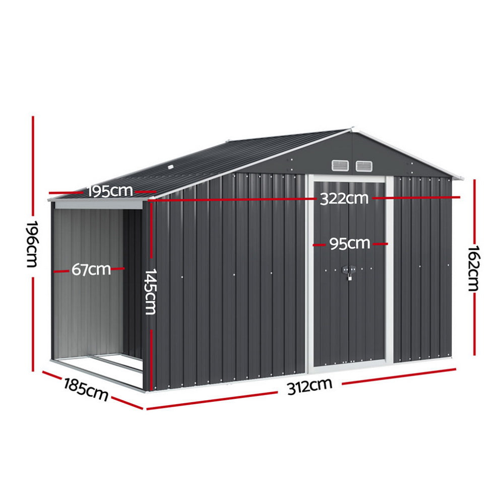 Garden Shed | With Open Storage To Side | Sliding Door | 3.22mx1.96m | Giantz | Grey