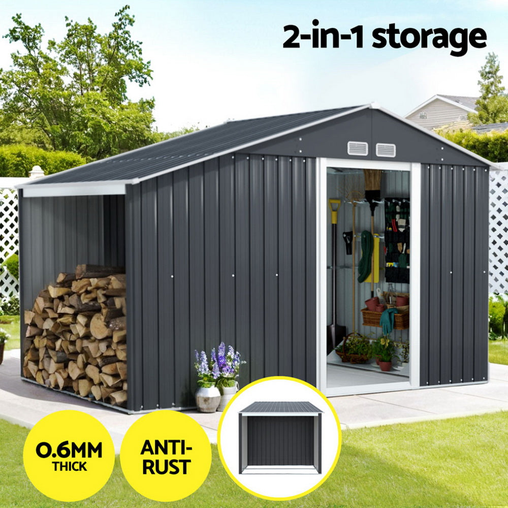 Garden Shed | With Open Storage To Side | Sliding Door | 3.22mx1.96m | Giantz | Grey