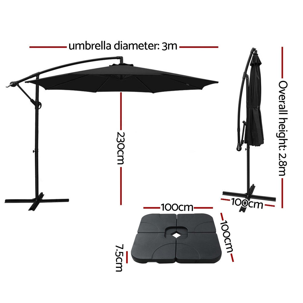 Cantilever Umbrella | Large Square Base Included | Outdoor Patio | Instahut | 3m | Black