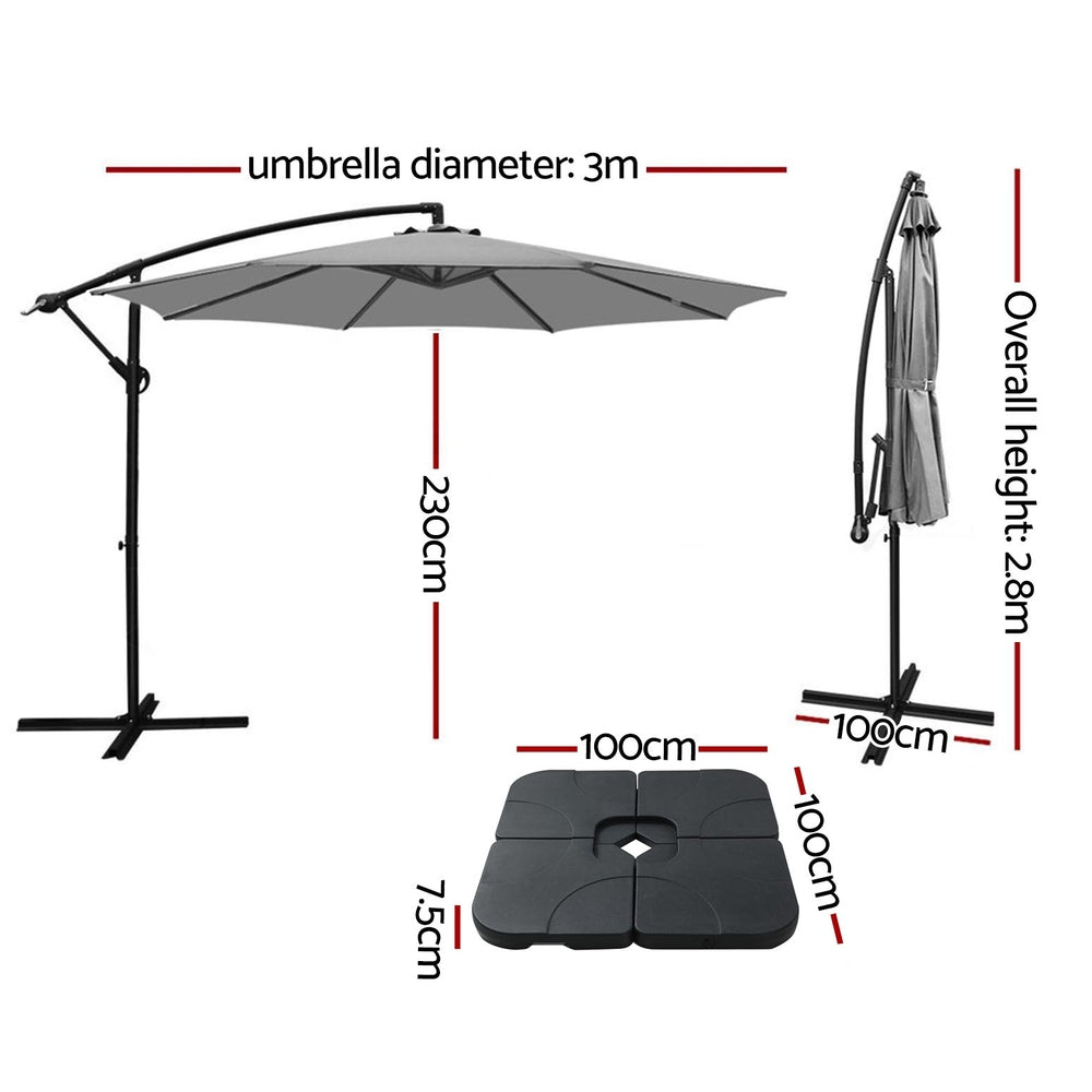 Cantilever Umbrella | Outdoor Patio | Large Square Base Included | Instahut | 3m | Grey