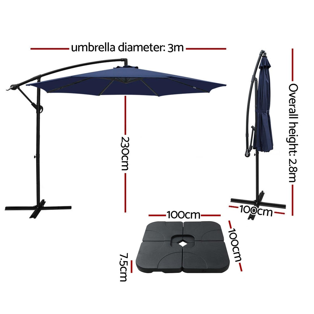 Cantilever Umbrella | Large Square Base Included | Outdoor Patio | Instahut | 3m | Navy