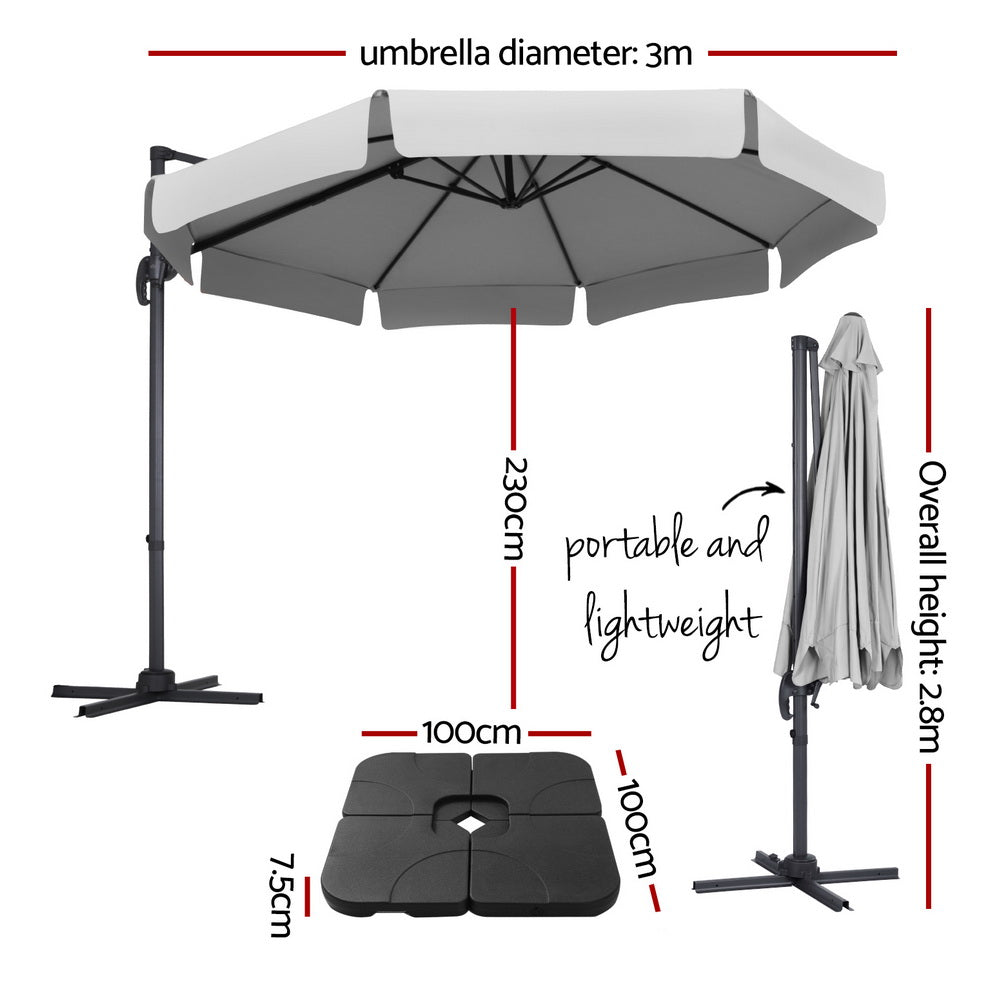 Cantilever Umbrella | 360 Degree Tilt | Straight Valance | Large Square Base | Instahut | Roma | 3m | Grey