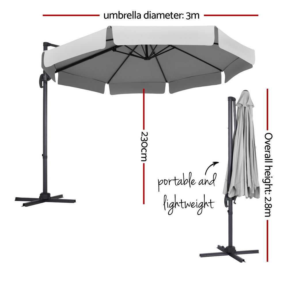 Cantilever Umbrella | 360 Degree Tilt | Straight Valance | Instahut | Roma | 3m | Grey