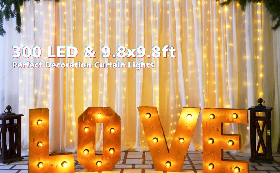 Curtain Light String | 300 LED | Hooks and 8 Mode RC | Warm White | 3m | USB Mains Powered