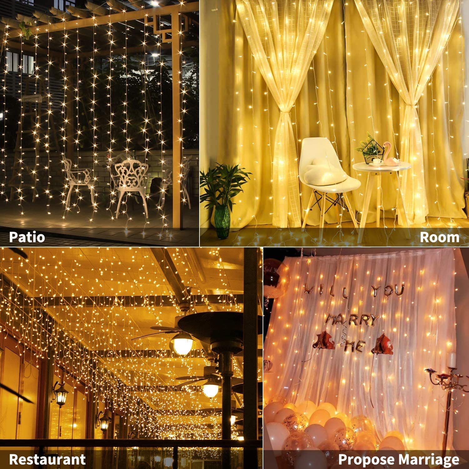 Curtain Light String | 300 LED | Hooks and 8 Mode RC | Warm White | 3m | USB Mains Powered