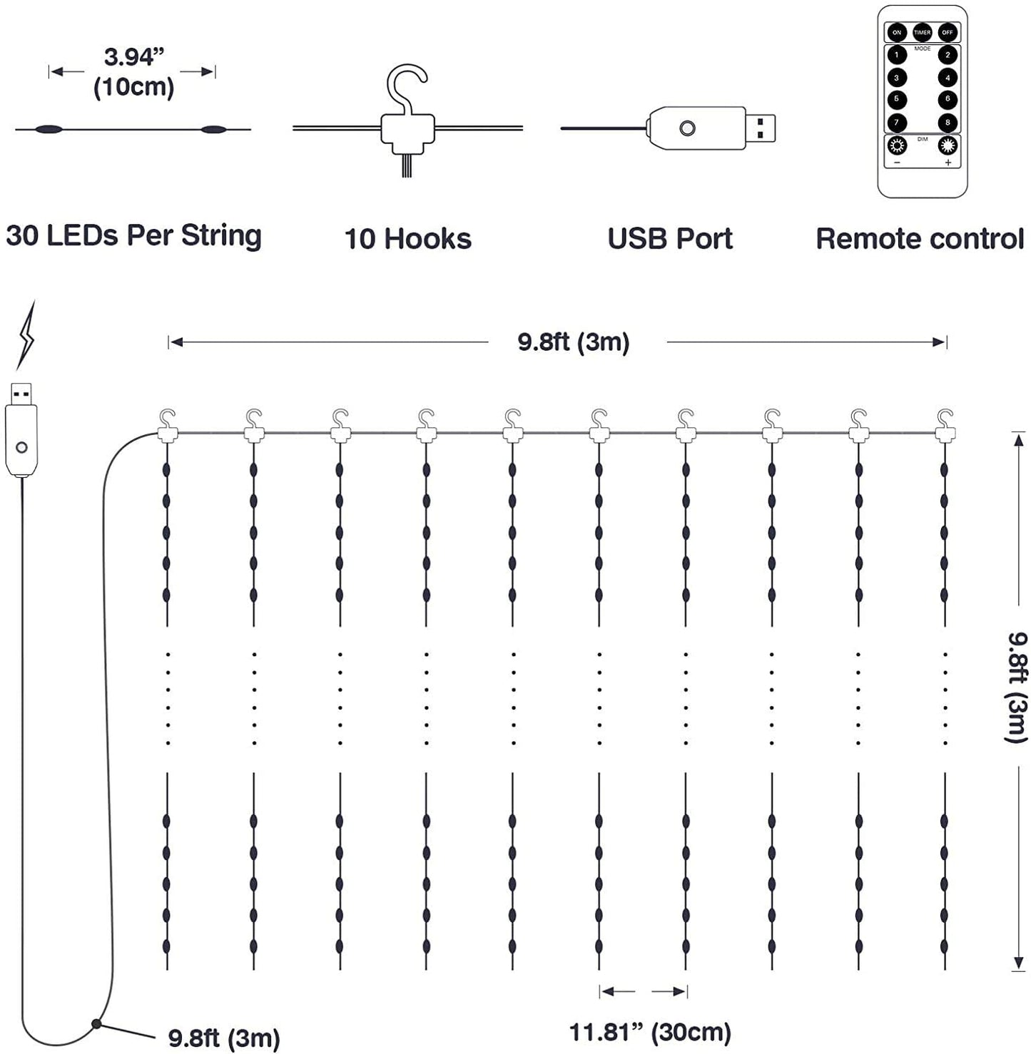 Curtain Light String | 300 LED | Hooks and 8 Mode RC | Warm White | 3m | USB Mains Powered