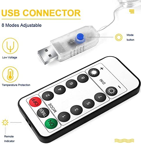 Curtain Light String | 300 LED | Hooks and 8 Mode RC | Warm White | 3m | USB Mains Powered